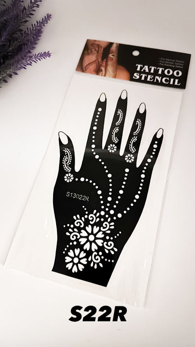 This image shows an Amarya Henna beginner stencil for easy tracing of intricate henna designs. Over ten stencil designs are available for both right and left hands.