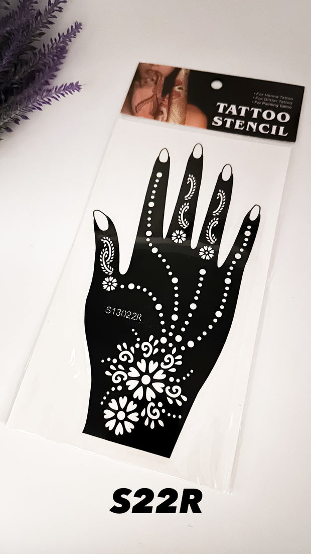This image shows an Amarya Henna beginner stencil for easy tracing of intricate henna designs. Over ten stencil designs are available for both right and left hands.