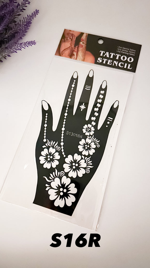 This image shows an Amarya Henna beginner stencil for easy tracing of intricate henna designs. Over ten stencil designs are available for both right and left hands.