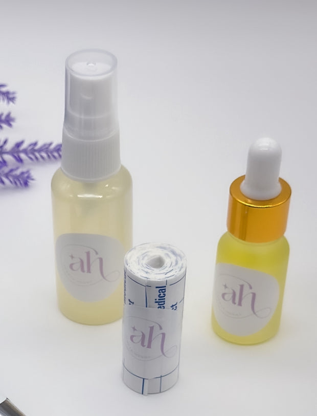 Amarya Henna Aftercare Kit featuring Aftercare Oil, Mefix Tape, and Lemon Sugar Sealant Spray.