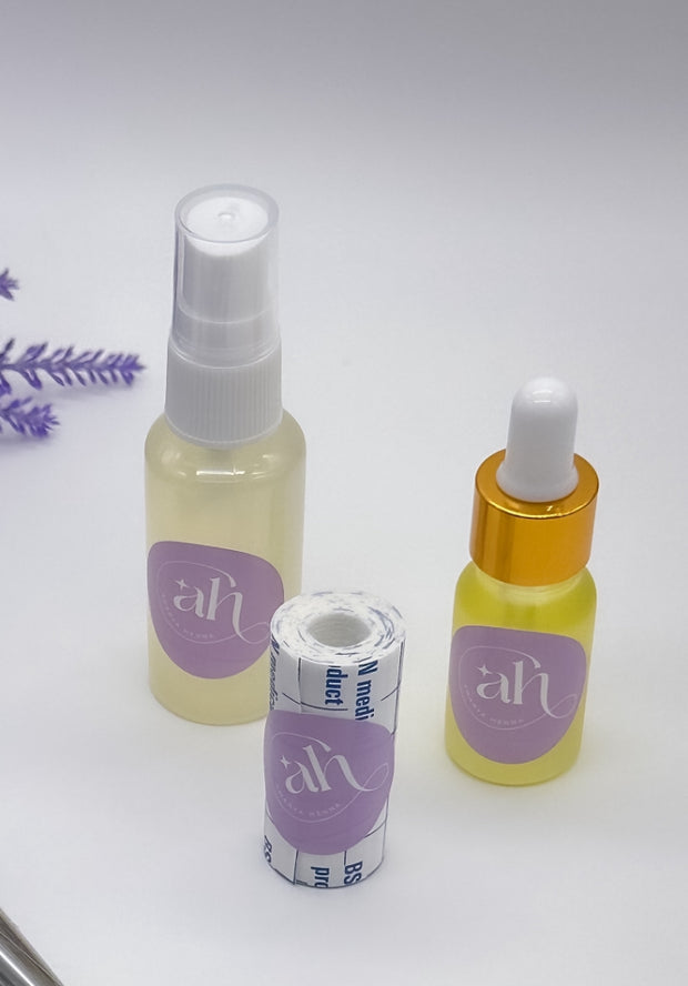 Amarya Henna Aftercare Kit featuring Aftercare Oil, Mefix Tape, and Lemon Sugar Sealant Spray.
