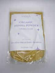 A sealed, clear resealable pouch of Amarya Henna Organic Henna Powder with a white and purple label. The label reads "Amarya Henna," "Organic Henna Powder," "Lawsonia Inermis," and highlights features such as "All Natural," "Ultra Sifted," "Body Art Quality," and "No Additives." The net weight is 250g.