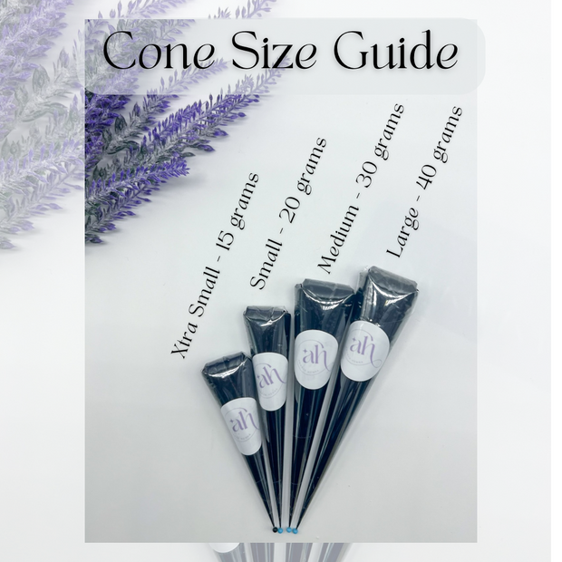 Amarya Henna size guide displaying the different Jagua cone sizes: Extra Small, Small, Medium, and Large, for precise body art designs.