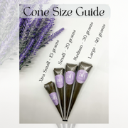 Amarya Henna size guide displaying the different Henna cone sizes: Extra Small, Small, Medium, and Large, for precise body art designs.