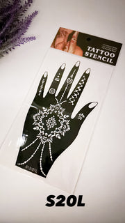 A packaged hand stencil with a floral and geometric design, labeled as 'S20L'. From Amarya Henna