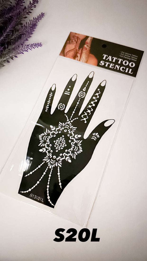 A packaged hand stencil with a floral and geometric design, labeled as 'S20L'. From Amarya Henna