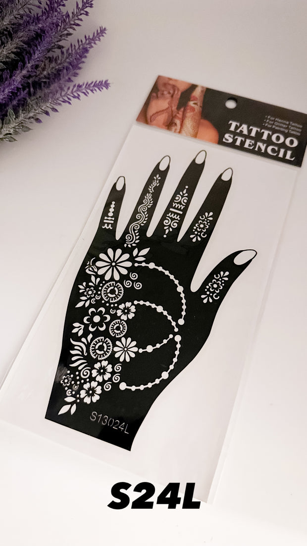 This image shows an Amarya Henna beginner stencil for easy tracing of intricate henna designs. Over ten stencil designs are available for both right and left hands.