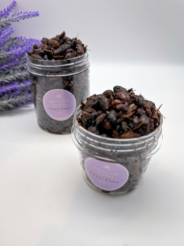 Handcrafted bakhoor incense by Amarya Henna, shown in packaging. Available in Dubai Rose, Cous Cous, and Halut scents, in 4oz and 8oz sizes.