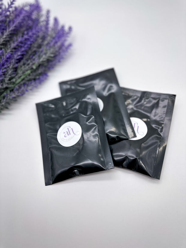 This image shows three Natural Pure Jagua Powder packets by Amarya Henna, available in 10g, 100g, and 500g sizes.