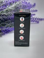 Instructions printed on the box of a Queen Nail Henna bottle in Deep Lavender, adorned with decorative elements including a purple plant. Sold by Amarya Henna.