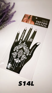 This image shows an Amarya Henna beginner stencil for easy tracing of intricate henna designs. Over ten stencil designs are available for both right and left hands.