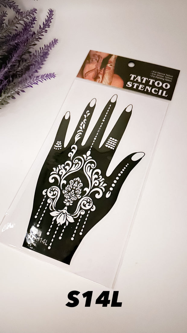This image shows an Amarya Henna beginner stencil for easy tracing of intricate henna designs. Over ten stencil designs are available for both right and left hands.