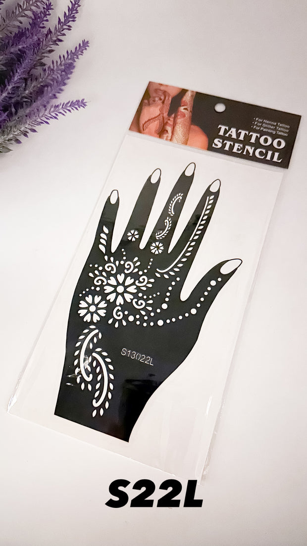 This image shows an Amarya Henna beginner stencil for easy tracing of intricate henna designs. Over ten stencil designs are available for both right and left hands.