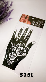 This image shows an Amarya Henna beginner stencil for easy tracing of intricate henna designs. Over ten stencil designs are available for both right and left hands.