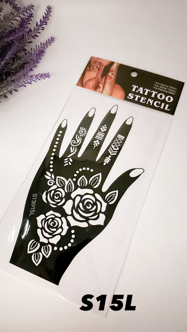 This image shows an Amarya Henna beginner stencil for easy tracing of intricate henna designs. Over ten stencil designs are available for both right and left hands.