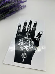 This image shows an Amarya Henna beginner stencil for easy tracing of intricate henna designs. Over ten stencil designs are available for both right and left hands
