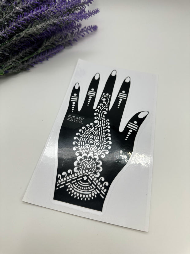 This image shows an Amarya Henna beginner stencil for easy tracing of intricate henna designs. Over ten stencil designs are available for both right and left hands