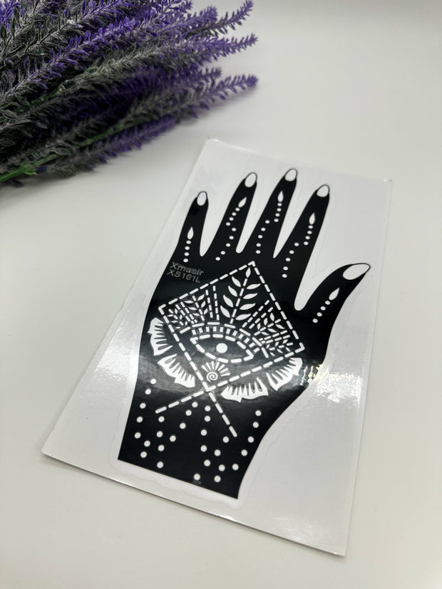 This image shows an Amarya Henna beginner stencil for easy tracing of intricate henna designs. Over ten stencil designs are available for both right and left hands