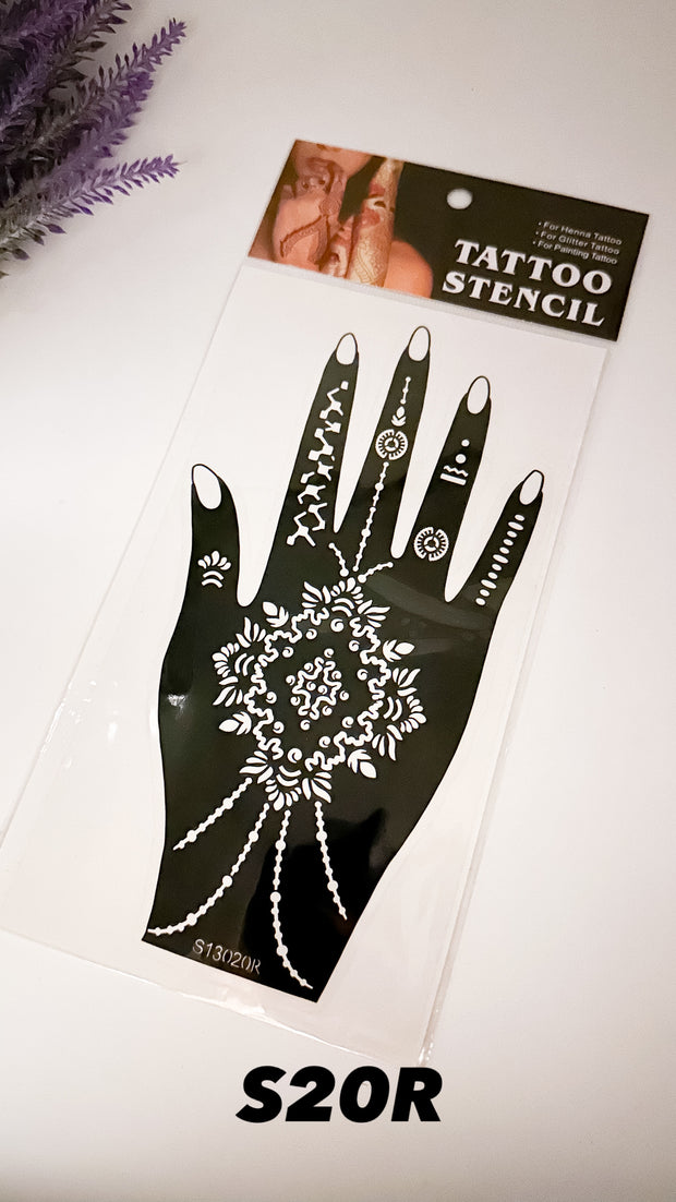 This image shows an Amarya Henna beginner stencil for easy tracing of intricate henna designs. Over ten stencil designs are available for both right and left hands.