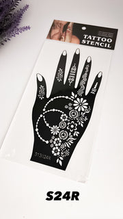 This image shows an Amarya Henna beginner stencil for easy tracing of intricate henna designs. Over ten stencil designs are available for both right and left hands.