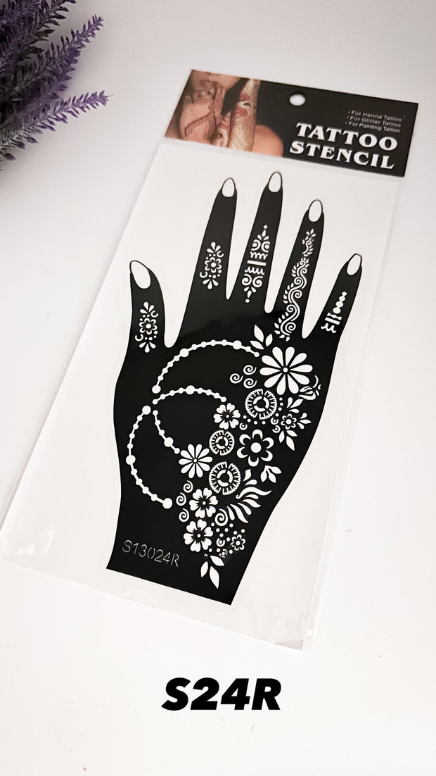 This image shows an Amarya Henna beginner stencil for easy tracing of intricate henna designs. Over ten stencil designs are available for both right and left hands.