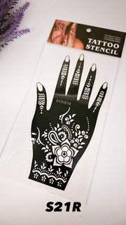 A black henna stencil design of a hand, with intricate floral and geometric patterns, packaged on a clear plastic sheet with 'S21R' printed at the bottom.