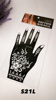 This image shows an Amarya Henna beginner stencil for easy tracing of intricate henna designs. Over ten stencil designs are available for both right and left hands.