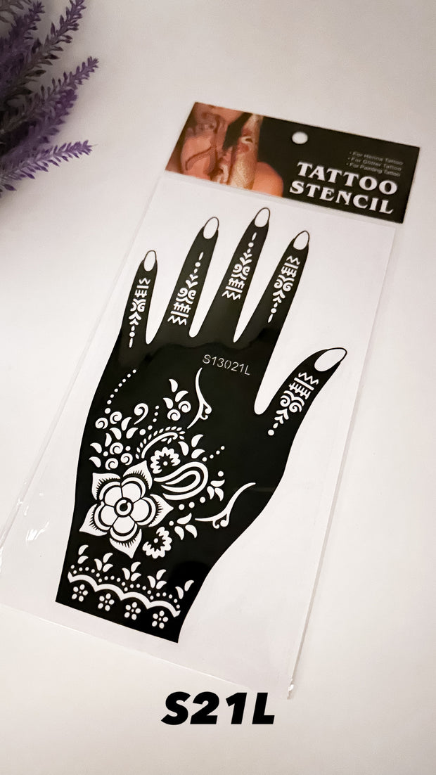 This image shows an Amarya Henna beginner stencil for easy tracing of intricate henna designs. Over ten stencil designs are available for both right and left hands.
