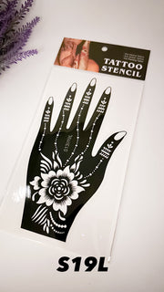 A packaged hand stencil design sheet labeled 'S19L' with a floral pattern and a design of a hand, indicating it is for temporary tattoo applications.