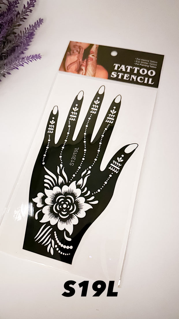 A packaged hand stencil design sheet labeled 'S19L' with a floral pattern and a design of a hand, indicating it is for temporary tattoo applications.