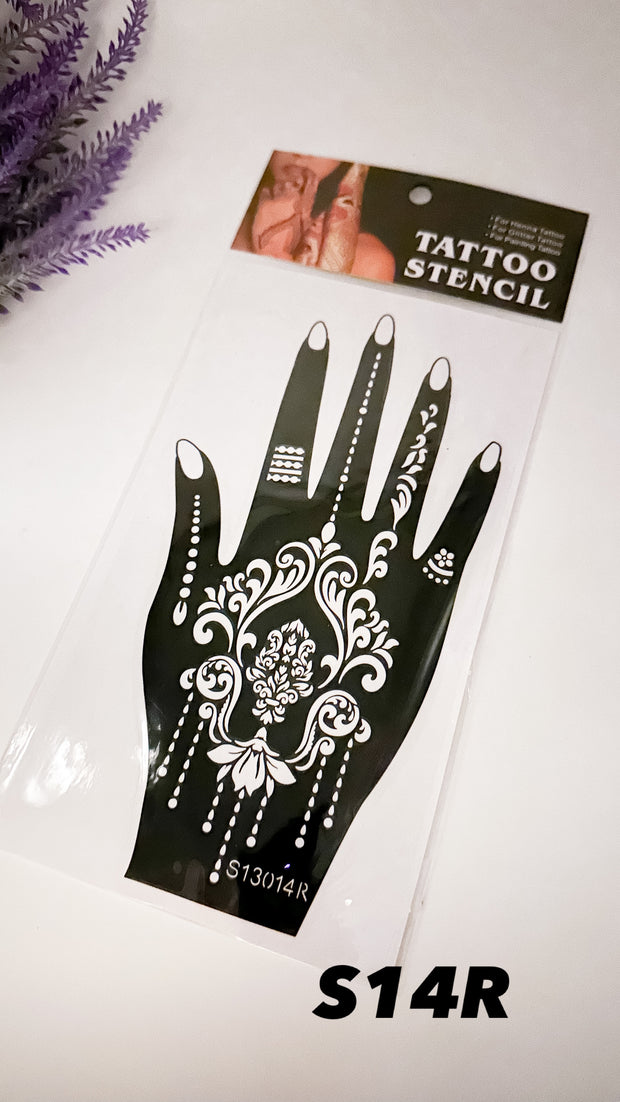 This image shows an Amarya Henna beginner stencil for easy tracing of intricate henna designs. Over ten stencil designs are available for both right and left hands.