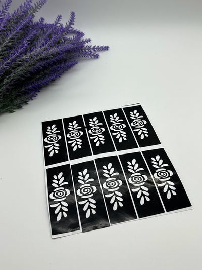 This image shows African-style finger stencils by Amarya Henna, designed for easy tracing of traditional patterns.