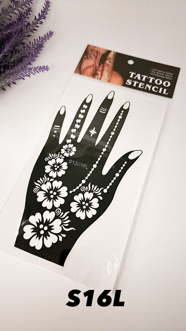 This image shows an Amarya Henna beginner stencil for easy tracing of intricate henna designs. Over ten stencil designs are available for both right and left hands.