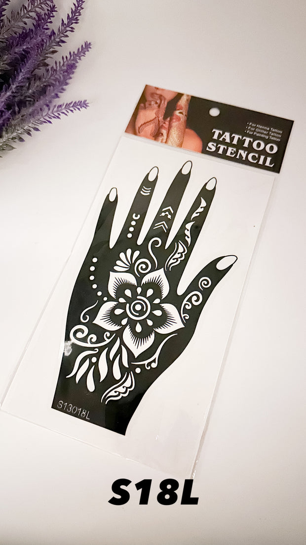 This image shows an Amarya Henna beginner stencil for easy tracing of intricate henna designs. Over ten stencil designs are available for both right and left hands.