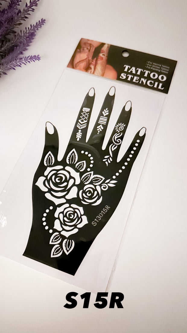 This image shows an Amarya Henna beginner stencil for easy tracing of intricate henna designs. Over ten stencil designs are available for both right and left hands.