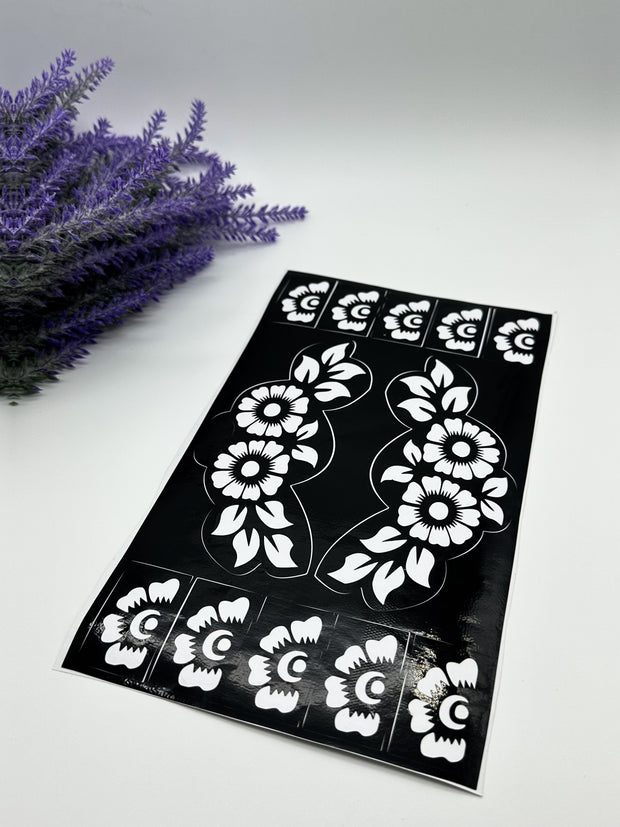 This image shows African-style hand and finger henna stencils by Amarya Henna, designed for easy tracing of traditional patterns