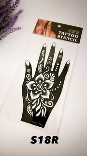 This image shows an Amarya Henna beginner stencil for easy tracing of intricate henna designs. Over ten stencil designs are available for both right and left hands.