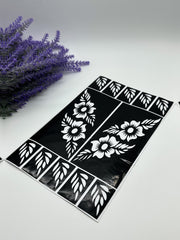 This image shows African-style hand and finger henna stencils by Amarya Henna, designed for easy tracing of traditional patterns