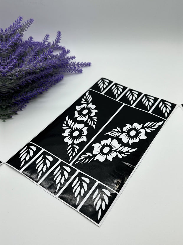 This image shows African-style hand and finger henna stencils by Amarya Henna, designed for easy tracing of traditional patterns