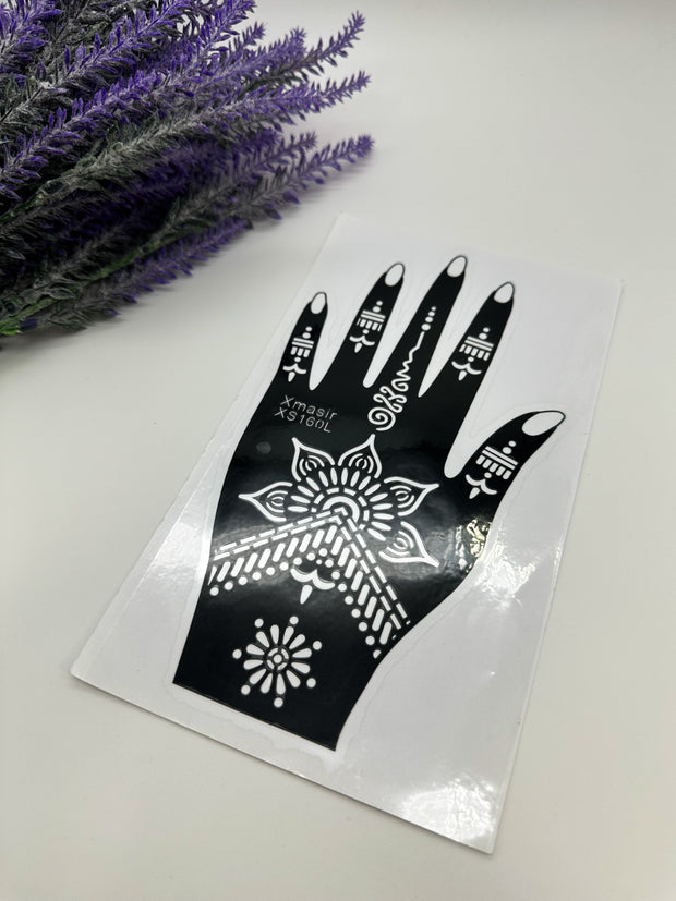 This image shows an Amarya Henna beginner stencil for easy tracing of intricate henna designs. Over ten stencil designs are available for both right and left hands