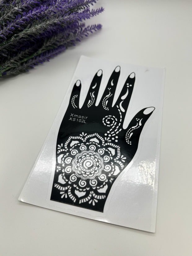 This image shows an Amarya Henna beginner stencil for easy tracing of intricate henna designs. Over ten stencil designs are available for both right and left hands