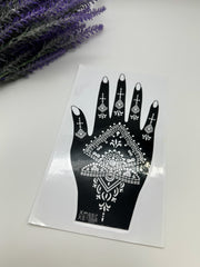 This image shows an Amarya Henna beginner stencil for easy tracing of intricate henna designs. Over ten stencil designs are available for both right and left hands