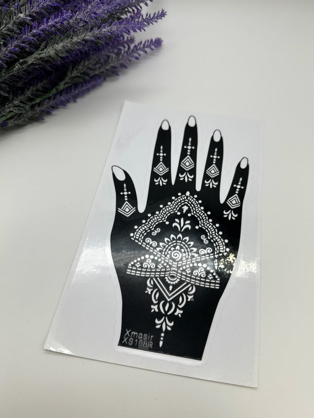 This image shows an Amarya Henna beginner stencil for easy tracing of intricate henna designs. Over ten stencil designs are available for both right and left hands