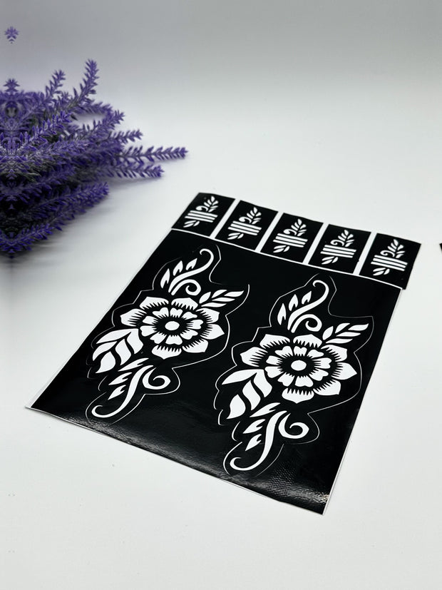 This image shows African-style hand and finger henna stencils by Amarya Henna, designed for easy tracing of traditional patterns