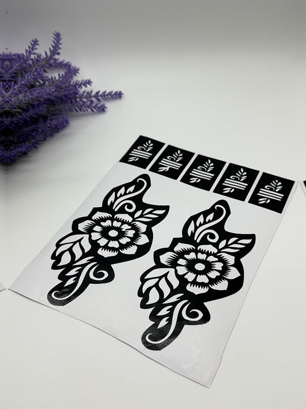 This image shows African-style hand and finger henna stencils by Amarya Henna, designed for easy tracing of traditional patterns