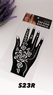 A packaged hand stencil with floral designs, labeled 'S23R', on a white background but amarya henna