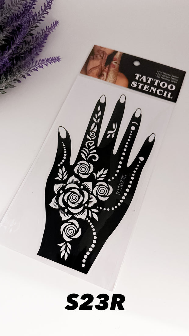 A packaged hand stencil with floral designs, labeled 'S23R', on a white background but amarya henna