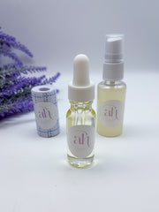 This image displays the Amarya Henna aftercare kit, which includes a clear lemon sugar sealant spray bottle, a roll of Mefix medical tape, and a small bottle of aftercare oil.