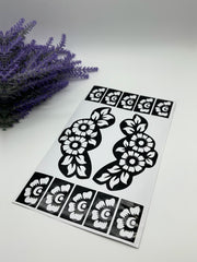 This image shows African-style hand and finger henna stencils by Amarya Henna, designed for easy tracing of traditional patterns