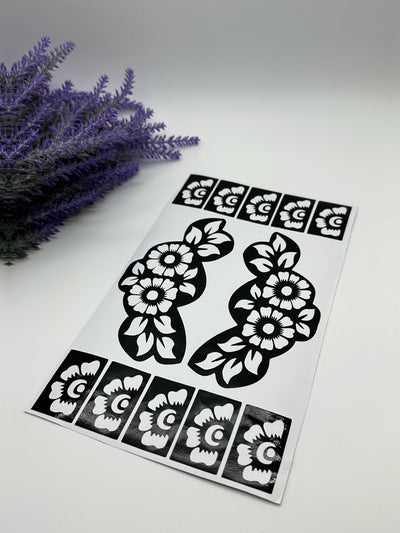 This image shows African-style hand and finger henna stencils by Amarya Henna, designed for easy tracing of traditional patterns